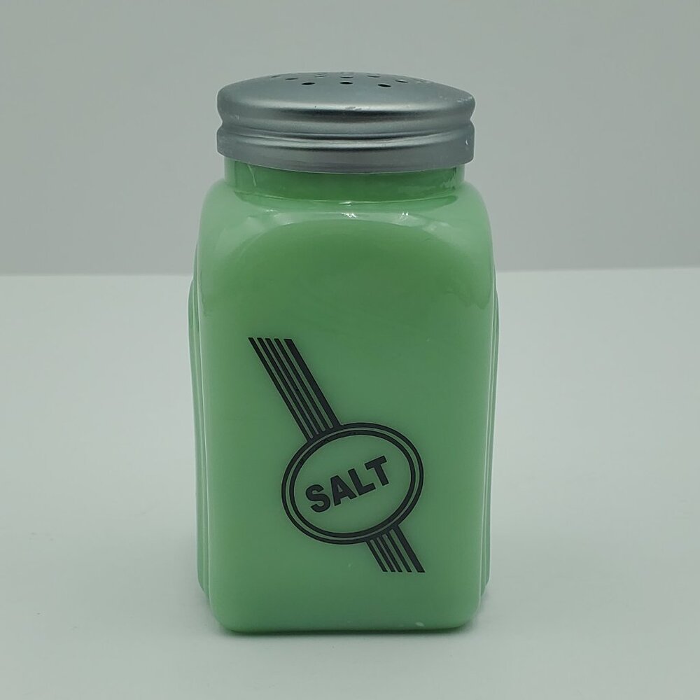 Jadeite Salt Shaker Green Glass Salt Shaker Black Lines Arch Design